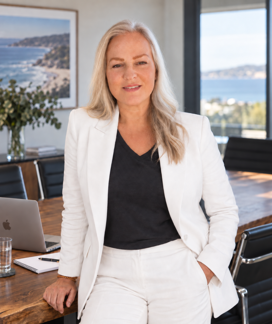 Tania Gorry, founder of Whole Warrior Network, in a light-filled coastal office